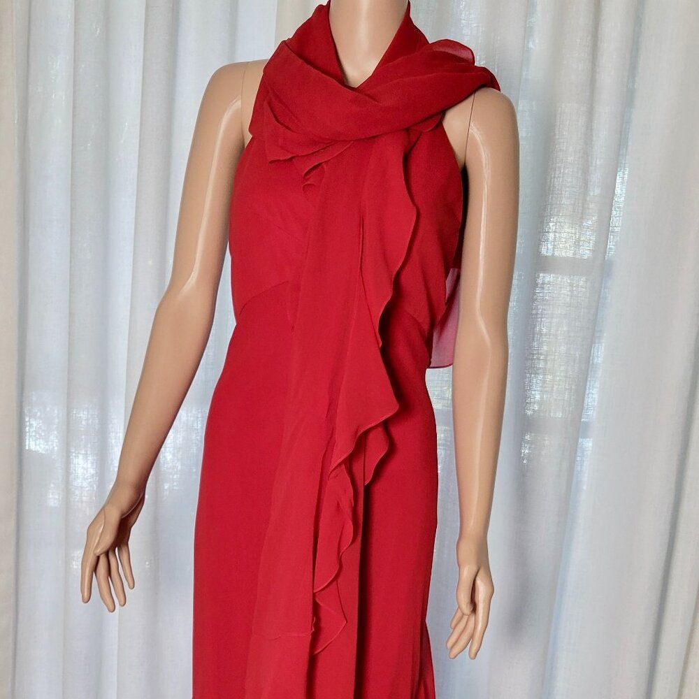 Melinda Eng red silk gown with shawl. cascade ruffle detail size 4 sleeveless